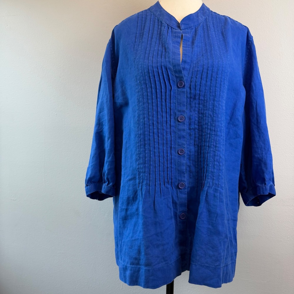 Jones New York Sport Blue Linen Pintuck Button Tunic Shirt 2X Lagenlook